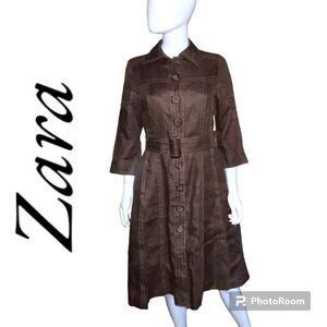 Zara Basic Brown Button Down Dress with Belt Size M